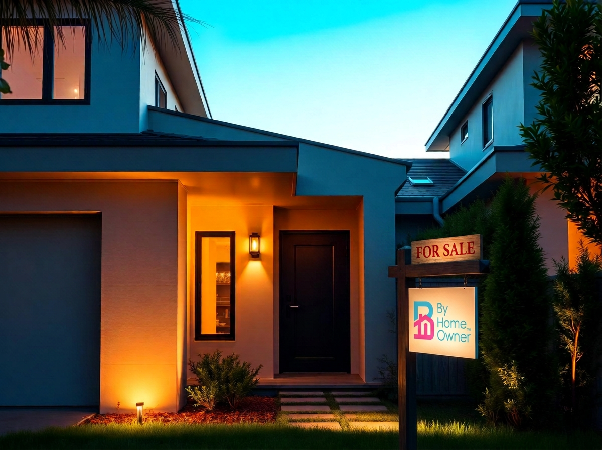 Modern home at twilight with a For Sale ByHomeOwner sign
