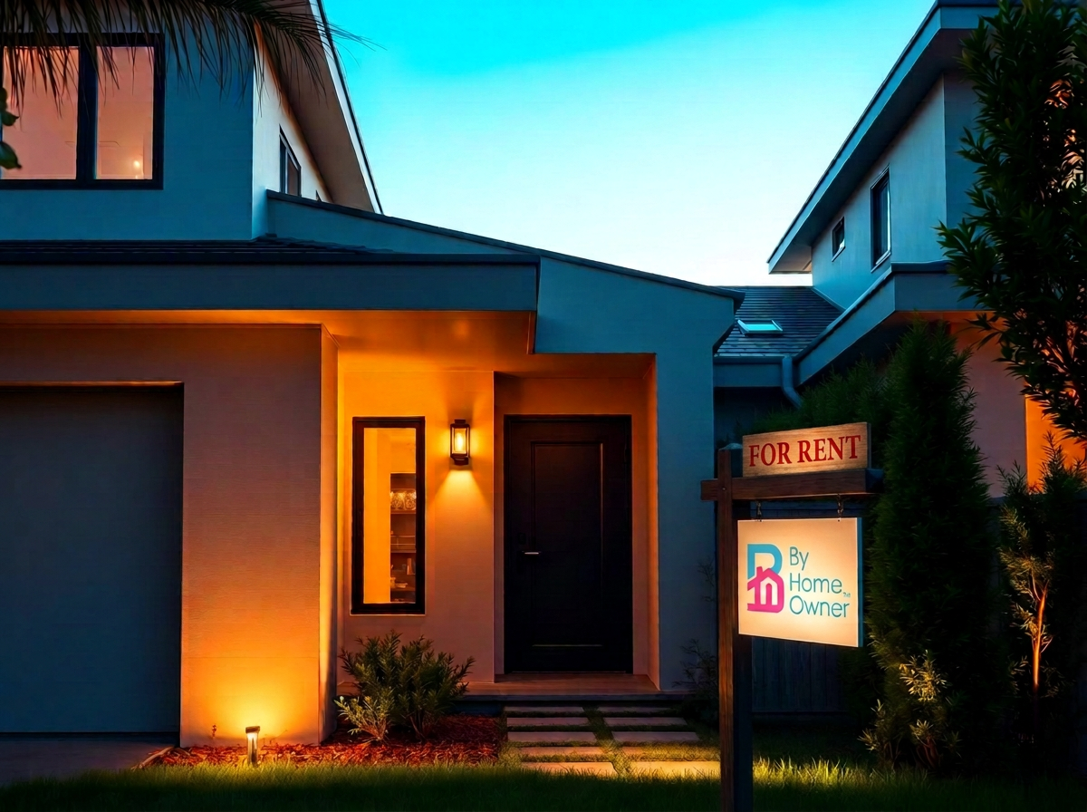 Modern home at twilight with a For Rent ByHomeOwner sign