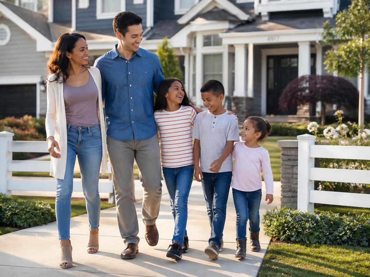 Happy family walking together in front of their new home